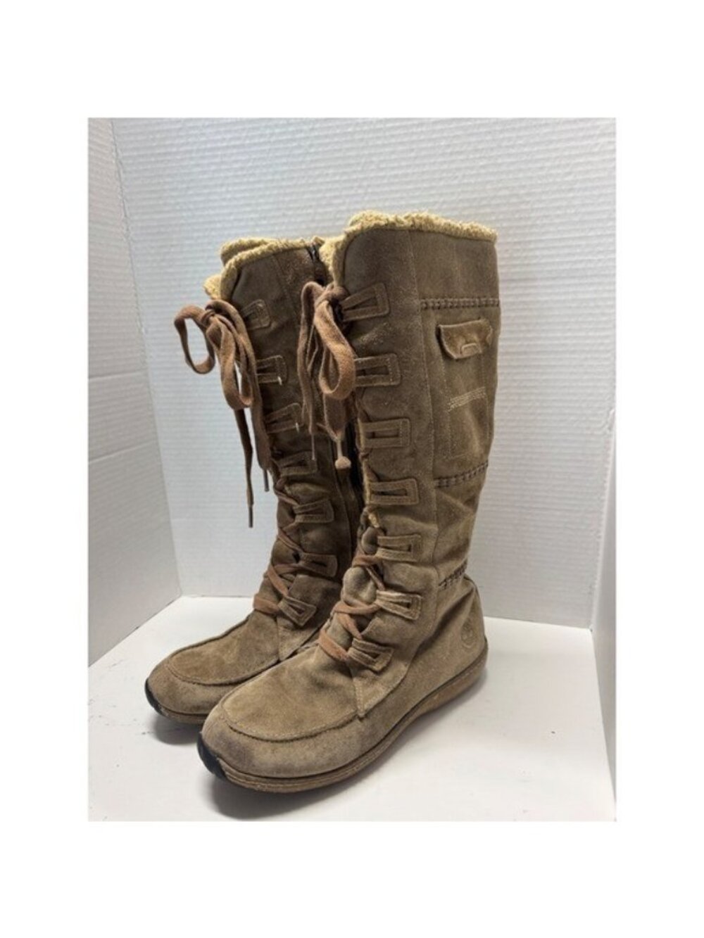 Timberland 21634 Womens Brown Suede Faux Fur Tall Lace Up Winter Boots Size 8 W